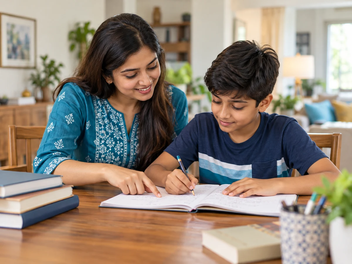 A tutor helping a school student work through a notebook at home